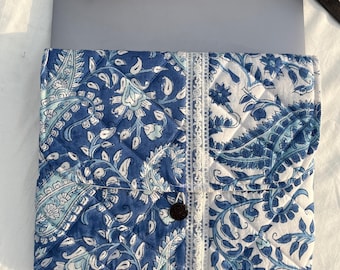 Hand Block Printed Laptop Sleeve: Blue Floral Quilted Cotton Case