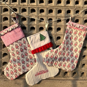 Set of 3 Block Printed Christmas Stockings: Quilted Cotton Holiday Decor