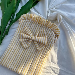 Handmade Quilted Kindle Sleeve - Yellow Block Print Cover with Striped Bow, Lightweight Eco-Friendly Gift, Fits Kindle Paperwhite,Oasis Case