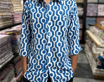 Geometric Print Cotton Shirt: Retro Boho Festival Style