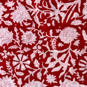 Red Floral Block Print Cotton Fabric: Lightweight Sewing Material