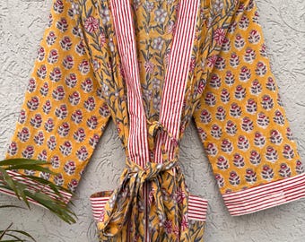 Vestaglia kimono in cotone con stampa a blocchi fatti a mano, vestaglia floreale gialla