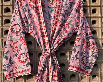 Hand Block Print Cotton Kimono Robe: Floral Dressing Gown