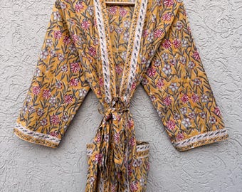 Vestaglia kimono in cotone floreale, abbigliamento da casa con stampa a blocchi di mano, abbigliamento da casa taglie forti