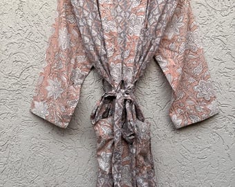 Vestaglia kimono in cotone, vestaglie con stampa a blocchi per donna, vestaglia, vestaglie taglie forti, kimono in cotone, copricostume, abbigliamento da casa, abbigliamento casual