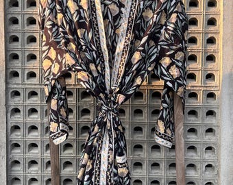 Handmade Cotton Kimono Robe, Black Floral Block Print Loungewear