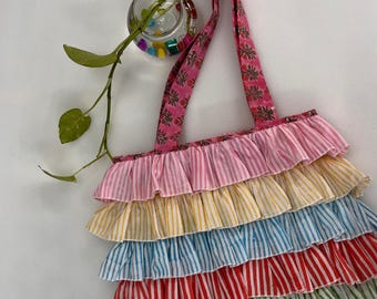 Handmade Ruffle Tote Bag, Block Print Cotton Shoulder Bag