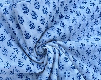 Blue Floral Block Print Cotton Fabric: Indian Sewing Quilting Fabric