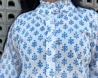 Hand Block Print Cotton Blouse: Ruffle Collar Button-Down Top