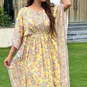 Summer Cotton Kaftan, Yellow beach Cover Loungewear, Plus size Clothing Caftan, Indian Block Print Caftan, Moroccan Kaftan,Kaftan maxi dress