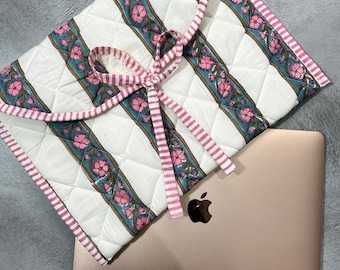 Handmade Quilted Cotton Laptop Sleeve: Striped Block Print Macbook Cover