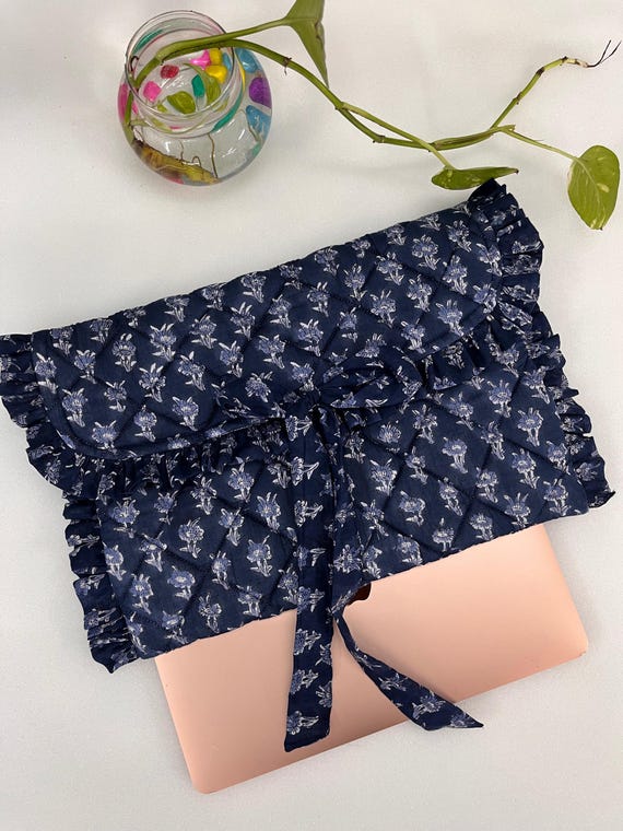 Hand Block Printed Laptop Sleeve: Blue Floral Quilted Cotton MacBook Case