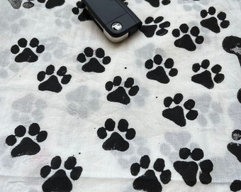 Hand Block Printed Paw Print Fabric, Cotton Cambric, Animal Sewing Fabric