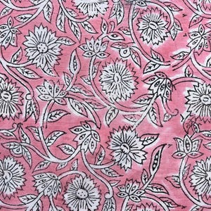 Pink Floral Print Fabric By The Yard Indian Hand Block Printed Cotton Cambric Fabric, Sewing Clothing Fabric Quilting and Crafting Fabric