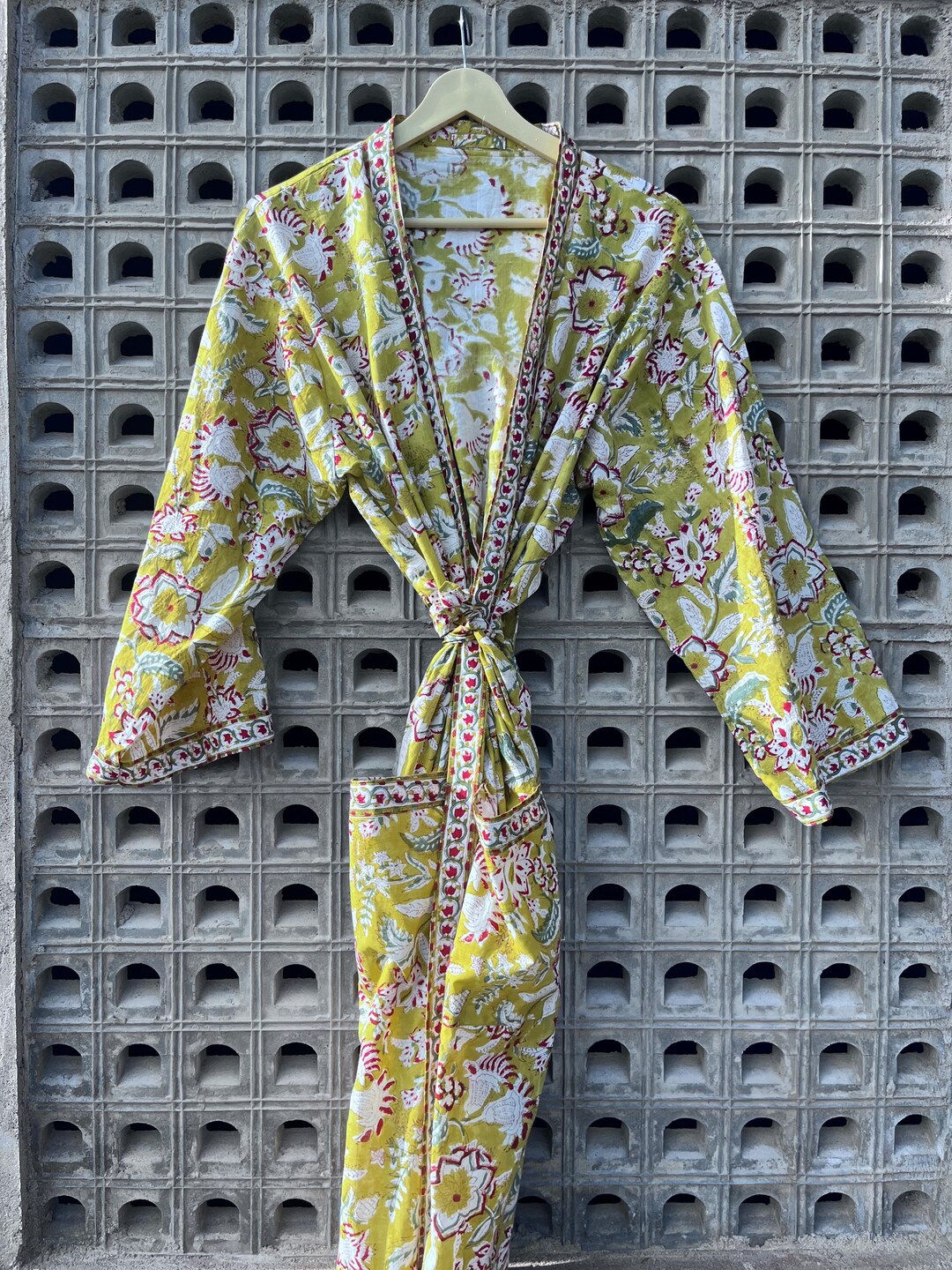 Mustard Yellow Robe Hand Block Printed Cotton Kimono Robe: Mustard Yellow Floral Boho ...