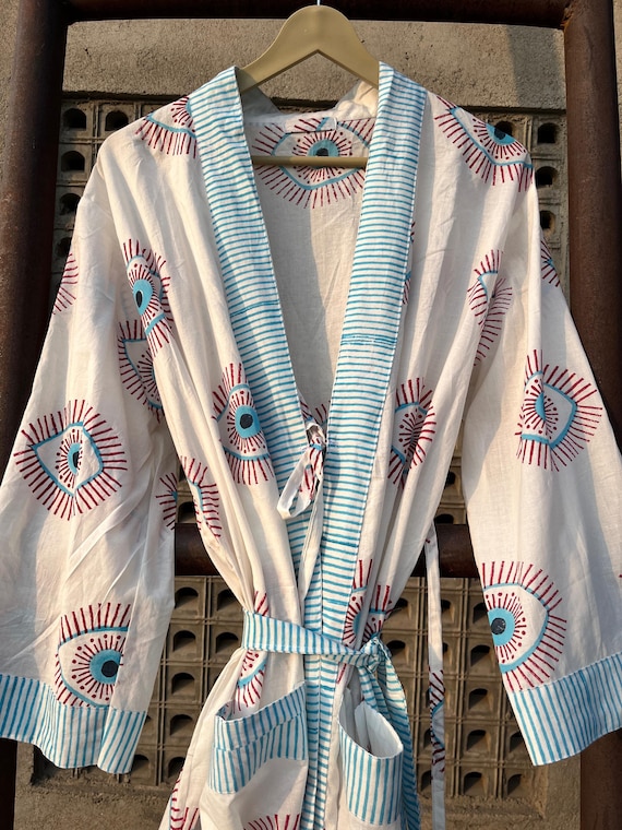 Hand Block Printed Cotton Kimono Robe: Evil Eye Boho Loungewear