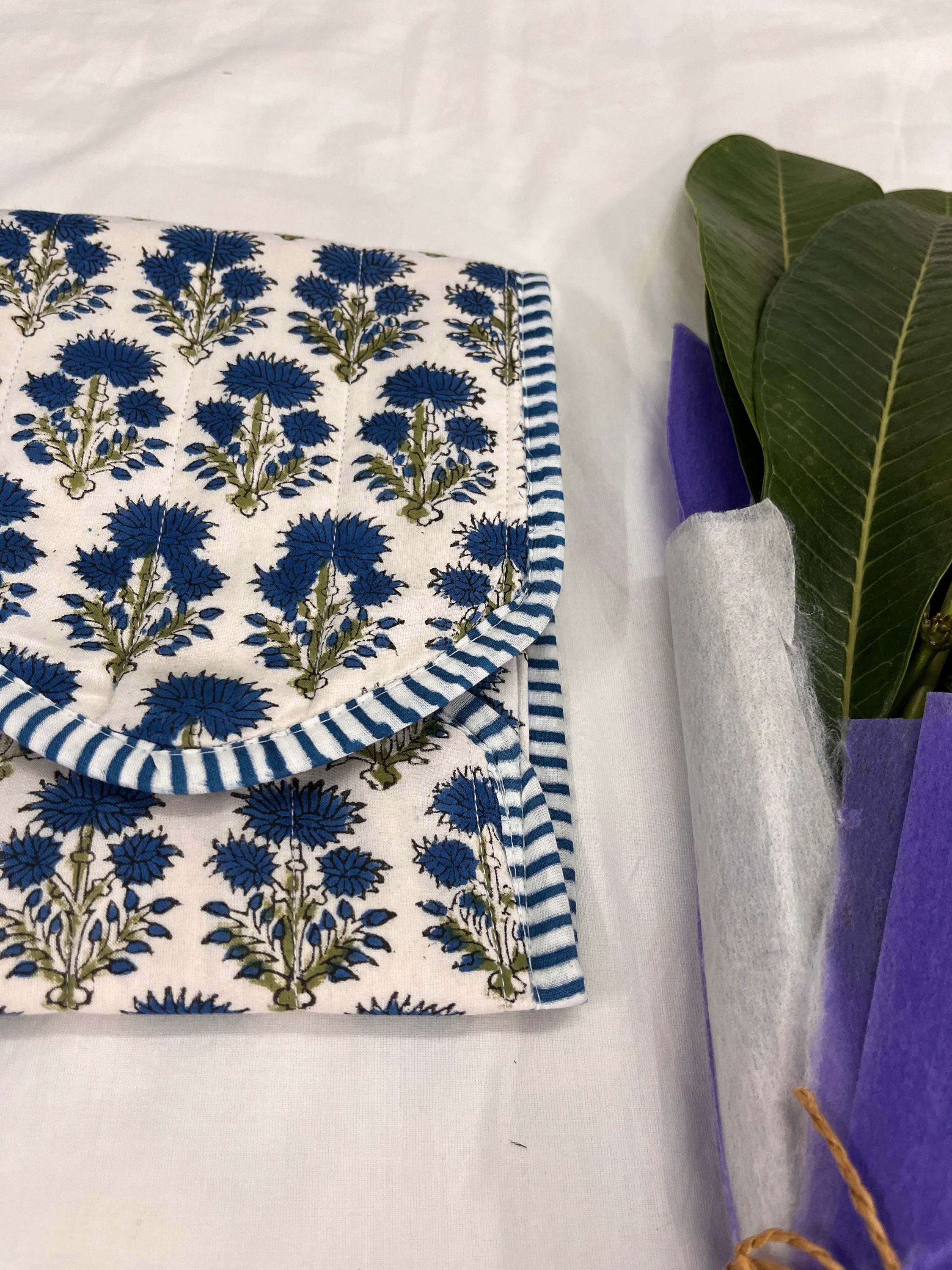 Handmade Quilted Kindle Sleeve: Blue Floral Block Print, Eco