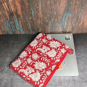 Cotton Quilted Laptop Sleeves, Laptop Case, Handmade Laptop Sleeve Floral Block Print Mac book Cover, Tablet Protector