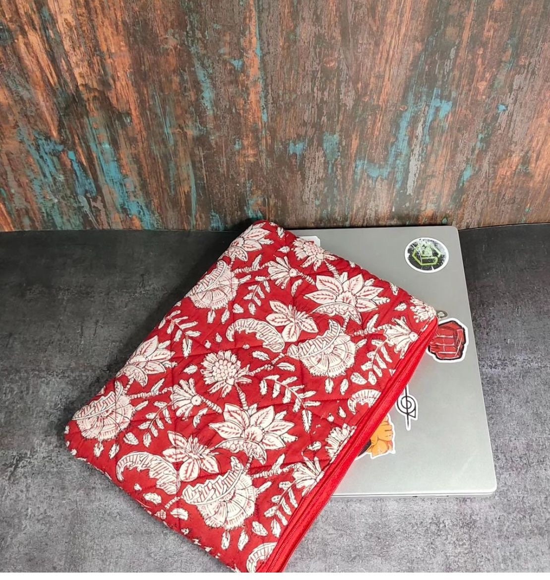 Cotton Quilted Laptop Sleeves, Laptop Case, Handmade Laptop Sleeve Floral Block Print Mac book Cover, Tablet Protector