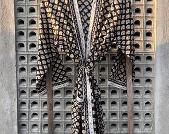 Black Floral Buti Cotton Kimono Robe: Hand Block Print Loungewear