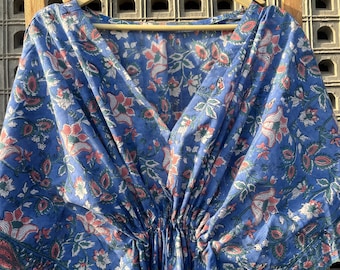 Handmade Blue Floral Cotton Kaftan: Indian Block Print Loungewear