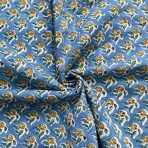 Blue Indian Block Print Fabric,Floral Print Fabric ,By the Yard, Dress Fabric,Quilting Fabric,Sewing Fabric,Upholstery Fabric, Soft Cotton