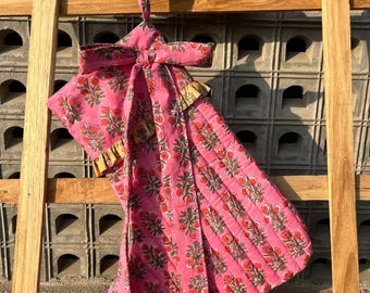 Handmade Quilted Christmas Stocking: Pink Floral Block Print Cotton Xmas Decor