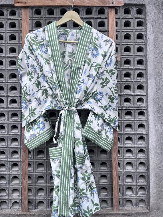 Hand Block Print Cotton Kimono Robe: Boho Floral Loungewear