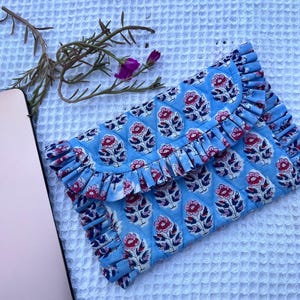 Hand Block Print Laptop Sleeve: Blue Floral Quilted Cotton MacBook Case
