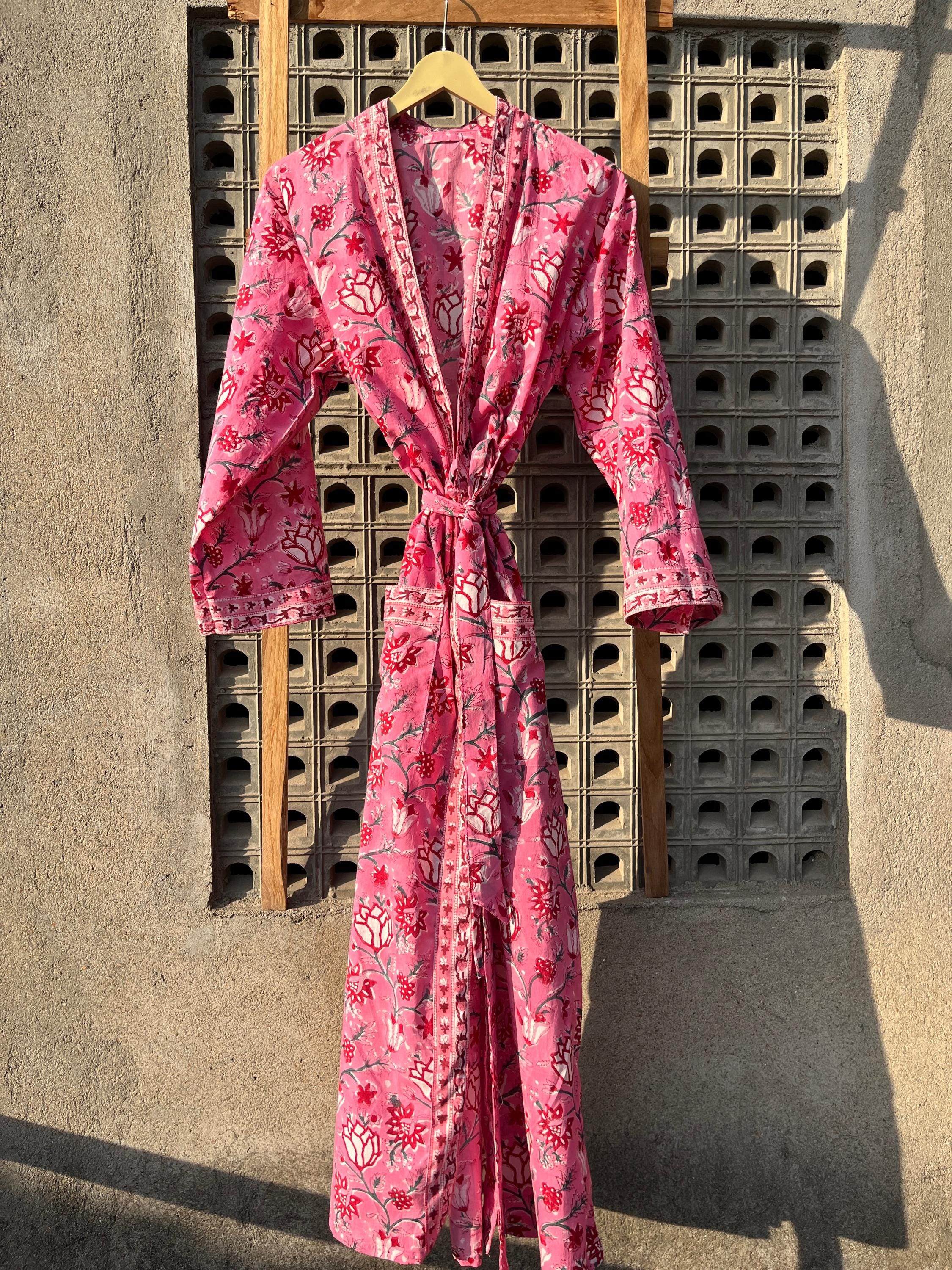 Pink Floral Cotton Kimono Robe: Hand Block Print Loungewear - Etsy