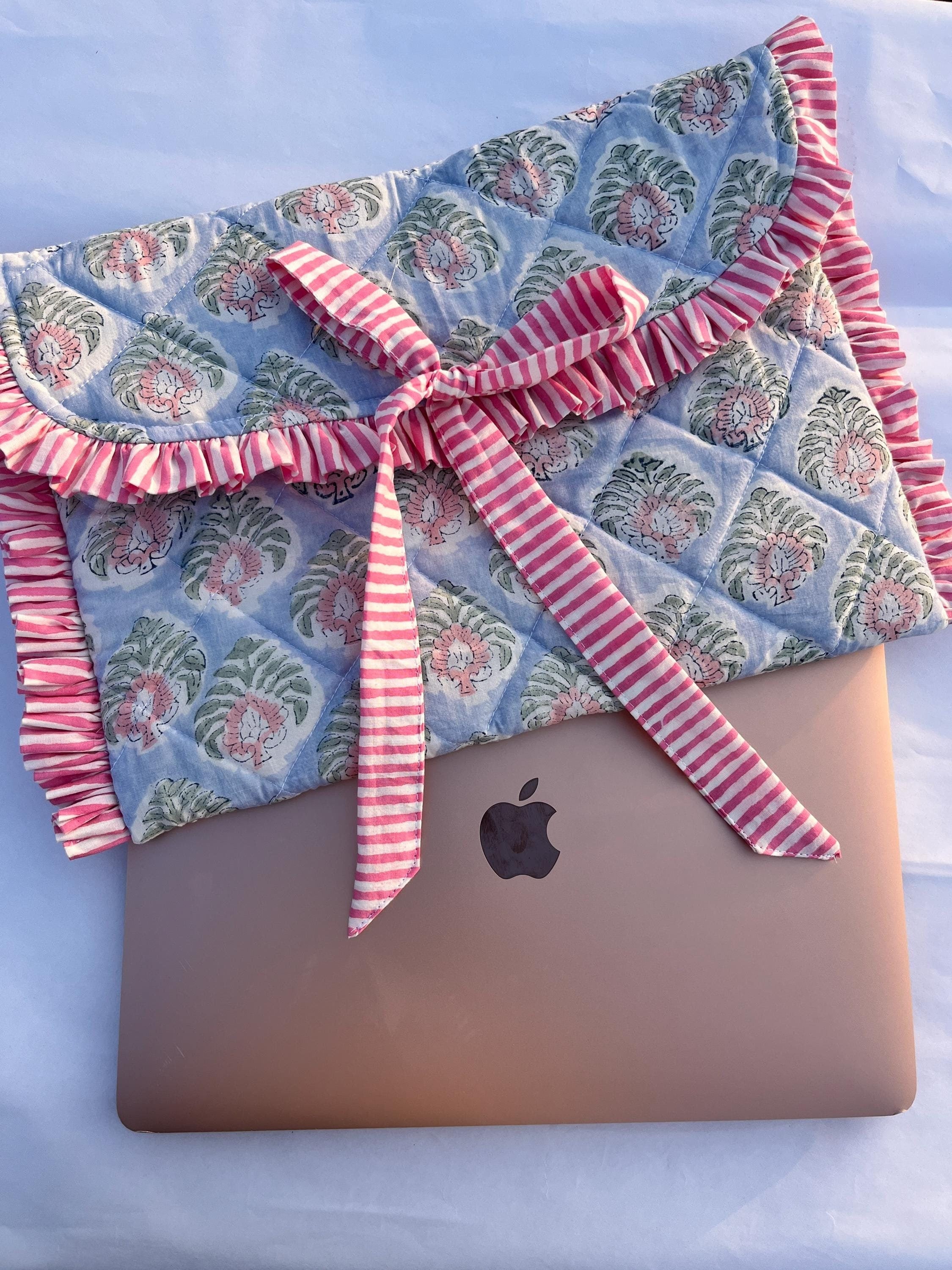 Hand Block Printed Quilted Laptop Sleeve with Bow | Blue Floral Eco-Friendly Cotton Case | MacBook Pro/Air 13"-15" Cover | Electronics Cases