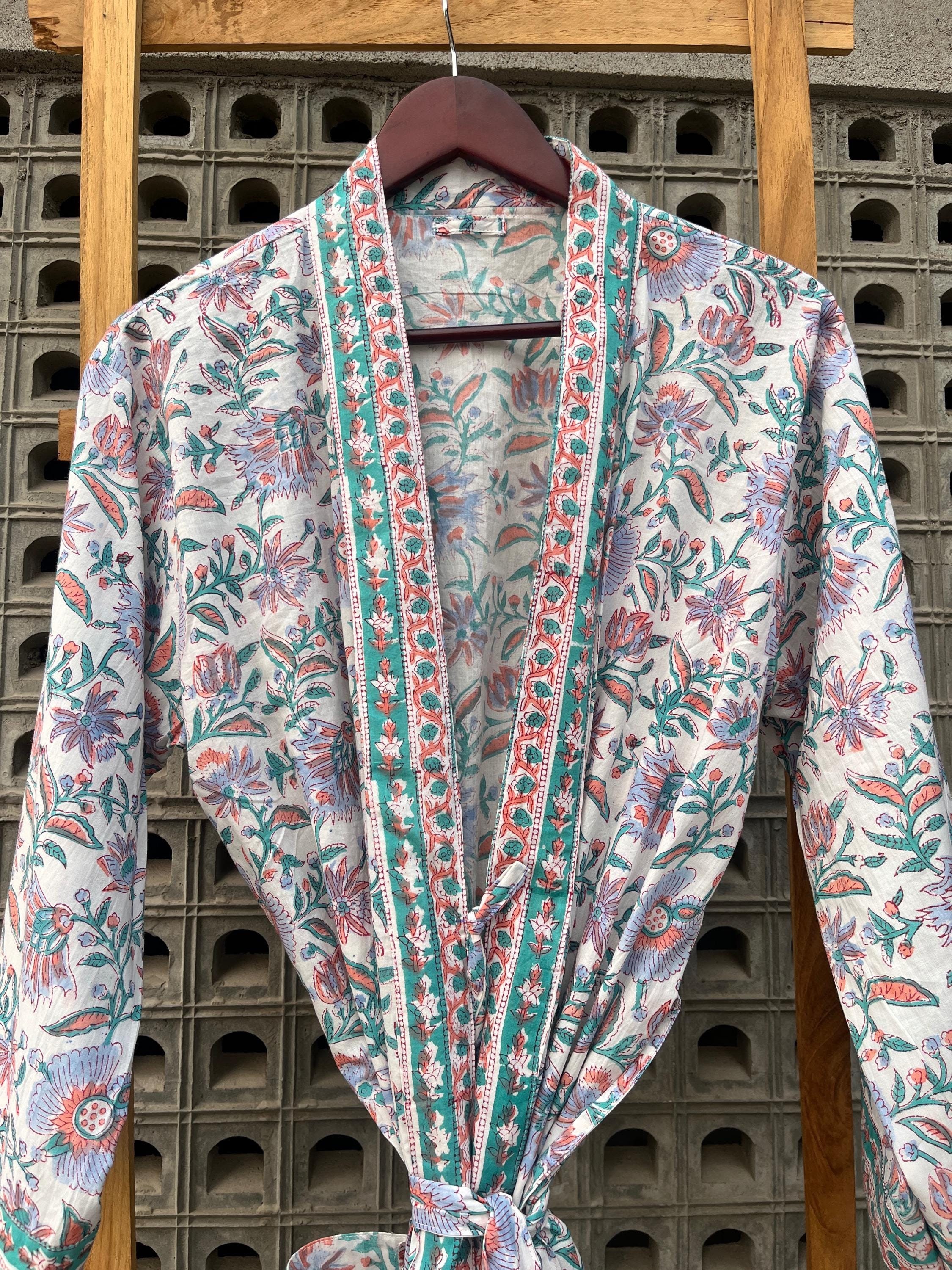 Cotton Kimono Robe: Blue Paisley Hand Block Print Loungewear