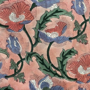 Poppy Print Peach, Pink & Green Hand block print, floral print, soft cotton fabric, Fabric floral fabric Sold by Yard Continous Cut 44&quot; wide