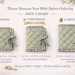 May include: Size chart for Bible covers, showing three covers: Small (16.5cm W x 21.6cm H x 3.8cm Thick), Universal (18.4cm W x 24.8cm H x 5.7cm Thick), and Large (19.1cm W x 26cm H x 6.4cm Thick). The covers have a floral quilted design.