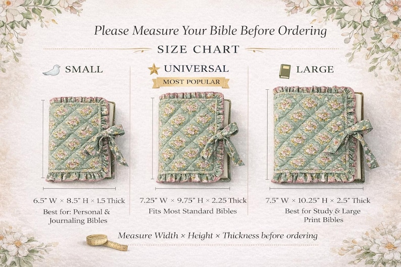 May include: Size chart for Bible covers, showing three covers: Small (16.5cm W x 21.6cm H x 3.8cm Thick), Universal (18.4cm W x 24.8cm H x 5.7cm Thick), and Large (19.1cm W x 26cm H x 6.4cm Thick). The covers have a floral quilted design.