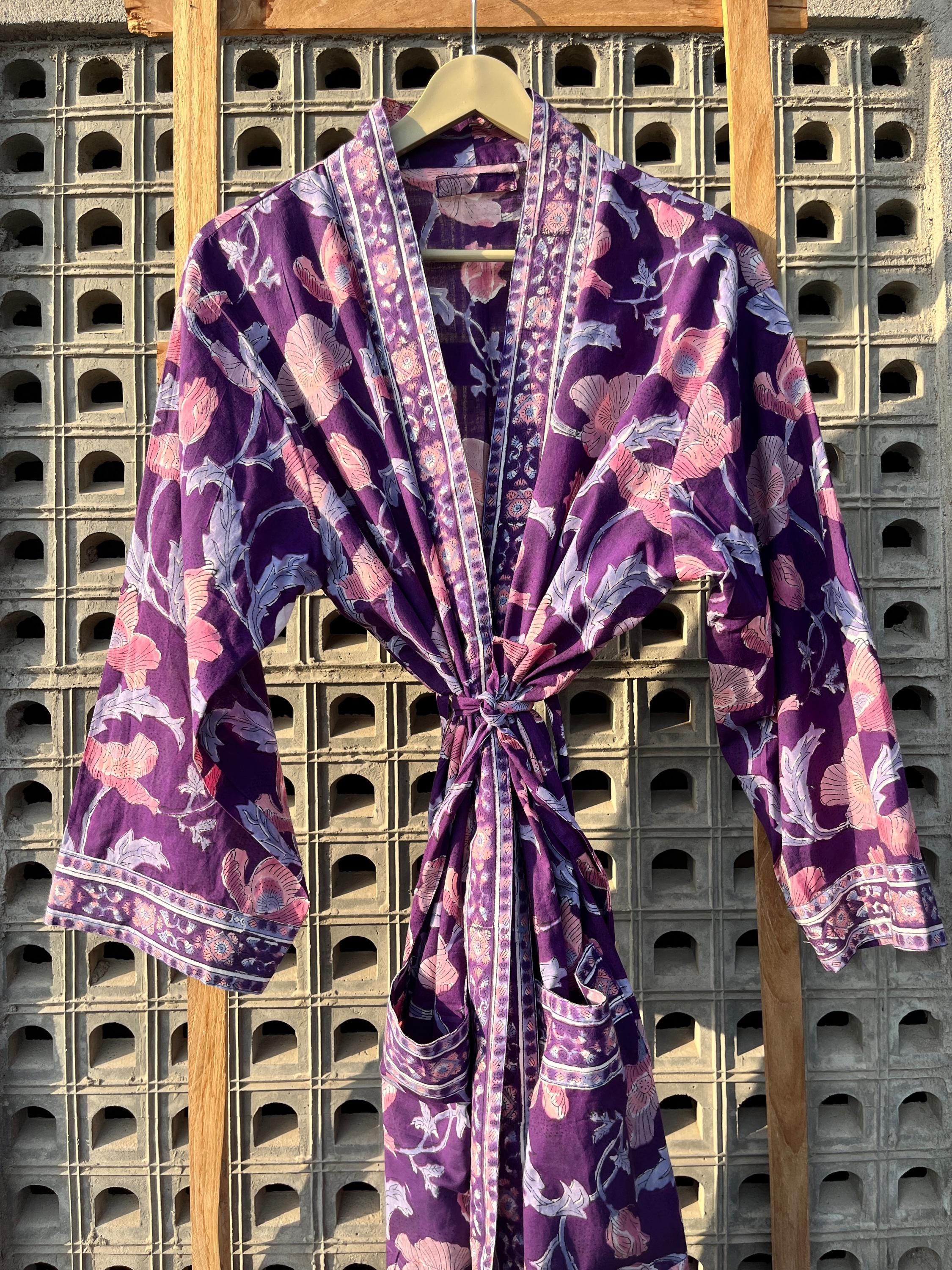 Floral Cotton Kimono Robe: Hand Block Print Loungewear