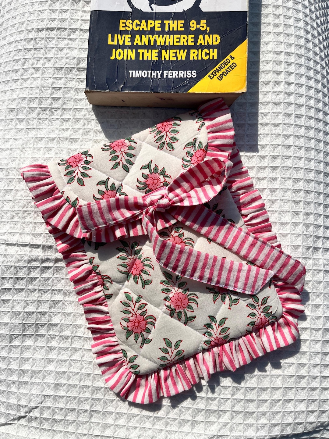 Handmade Quilted Kindle Sleeve: Pink Floral Block Print, Eco