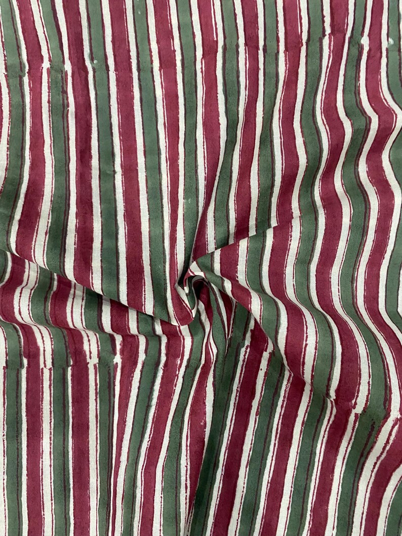 Green Maroon Striped Cotton Fabric: Handblock Print Quilting Sewing image 4