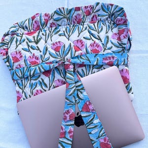 Hand Block Printed Floral Laptop Sleeve: Quilted Cotton MacBook Case