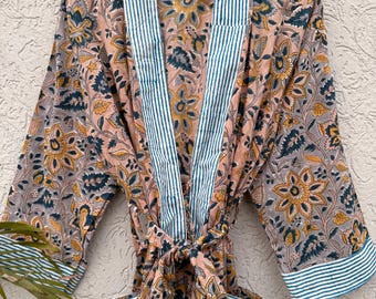 Kimono in cotone, abbigliamento da spiaggia fatto a mano con stampa floreale indiana a blocchi, copricostume
