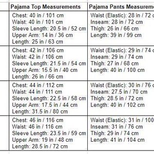 May include: Size chart for pajamas and shorts with measurements in inches and centimeters. The chart includes sizes for small, medium, large, and extra-large. Measurements are provided for chest, waist, sleeve length, upper arm, inseam, thigh, and length.