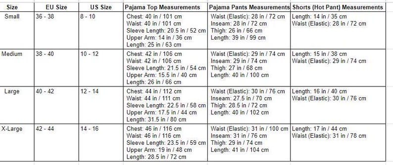May include: Size chart for pajamas and shorts with measurements in inches and centimeters. The chart includes sizes for small, medium, large, and extra-large. Measurements are provided for chest, waist, sleeve length, upper arm, inseam, thigh, and length.