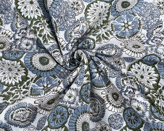 Hand Block Printed Organic Cotton Fabric: Blue & Green Floral