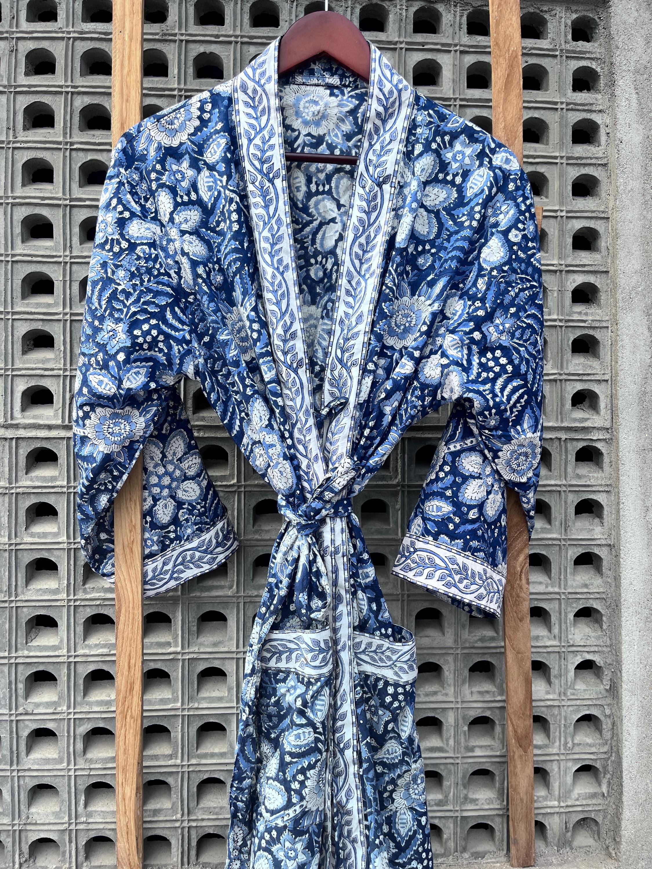 Kimono Long Coton Bleu Imprimé Floral - Femme - Fait Main Inde - Avec Ceinture
