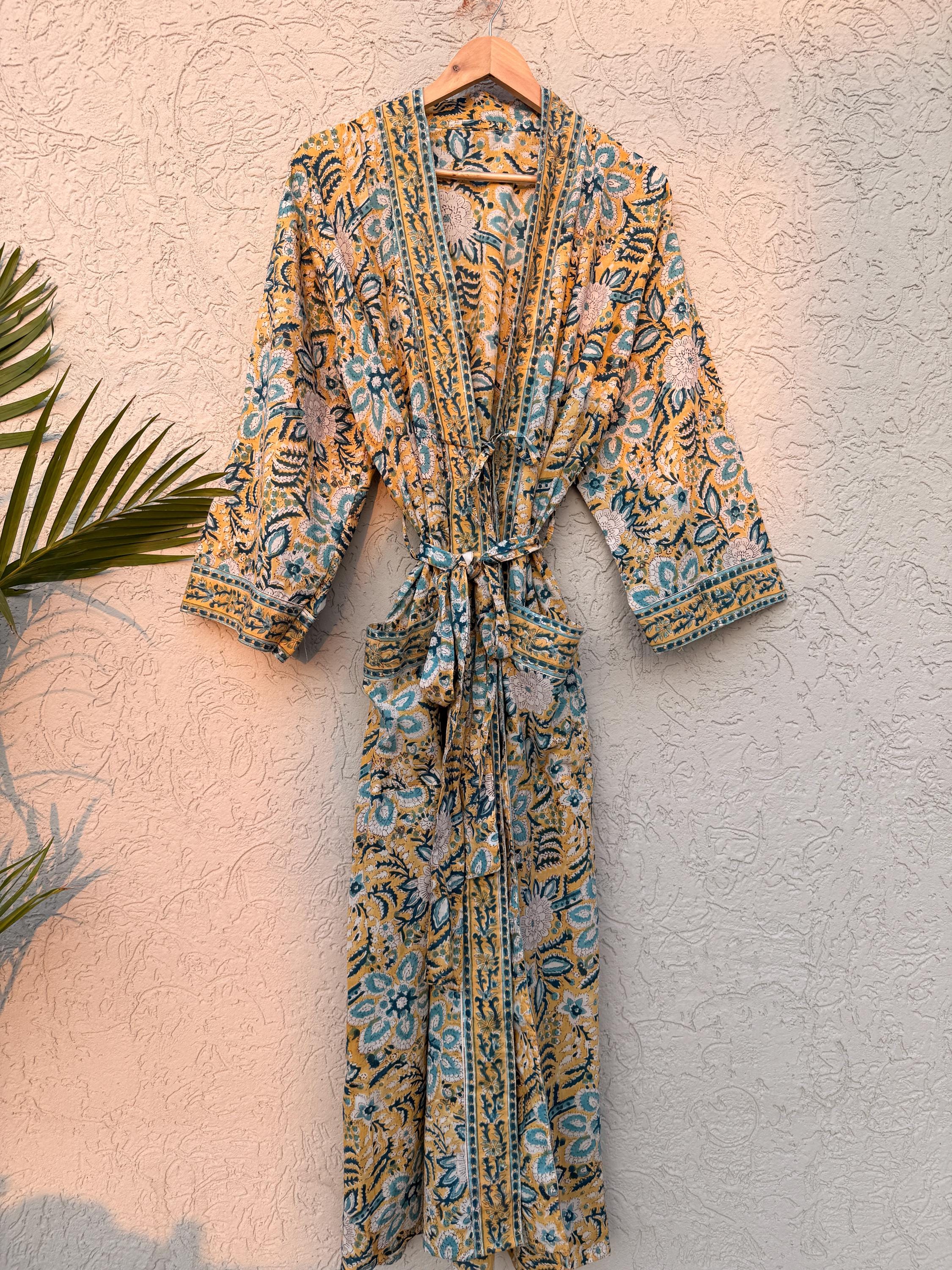 Drawn Block Robe Cotton Kimono Robe, Block Print Robes for Women, Dressing Gown, Plus ...