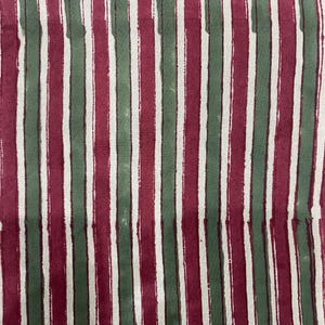May include: Fabric with alternating vertical stripes of burgundy and dark green. The stripes are hand-painted and have a slightly uneven texture.