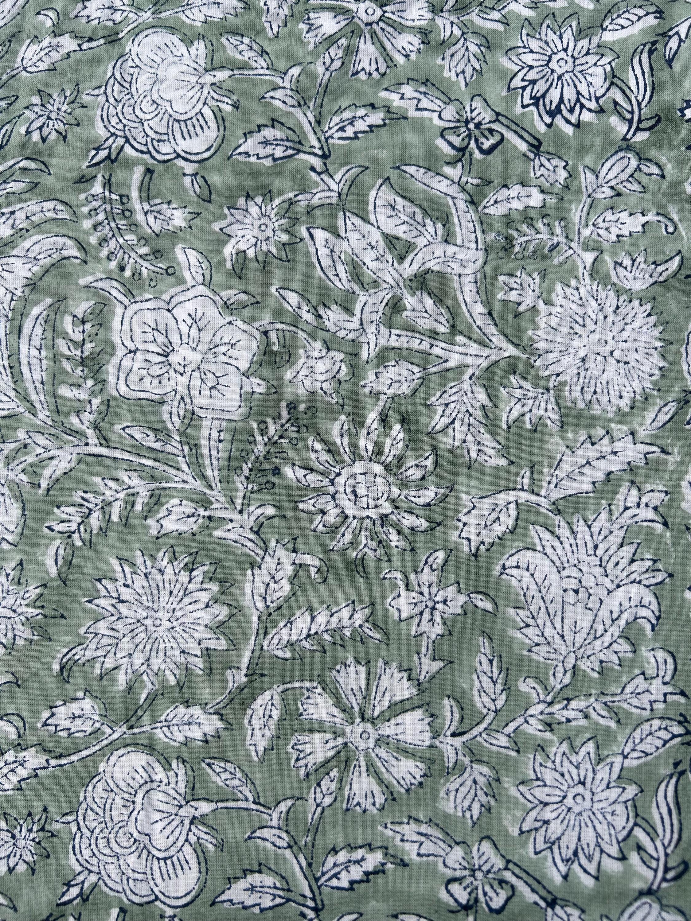 Sage Green Floral Block Print Cotton Fabric - Indian Fabric by the Yard ...