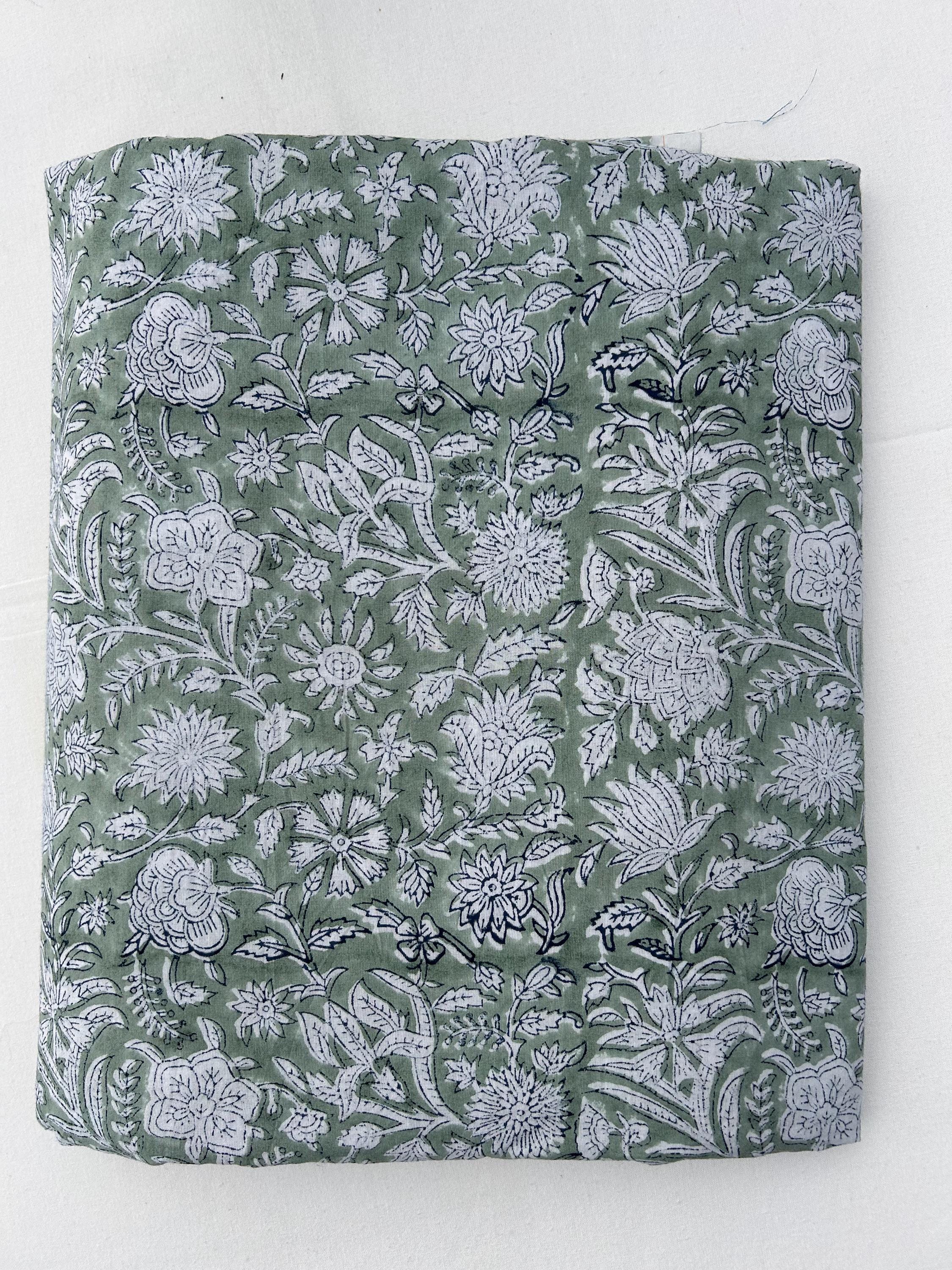 Sage Green Floral Block Print Cotton Fabric - Indian Fabric by the Yard ...