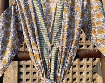Floral Block Print Cotton Kimono Robe: Lightweight Dressing Gown