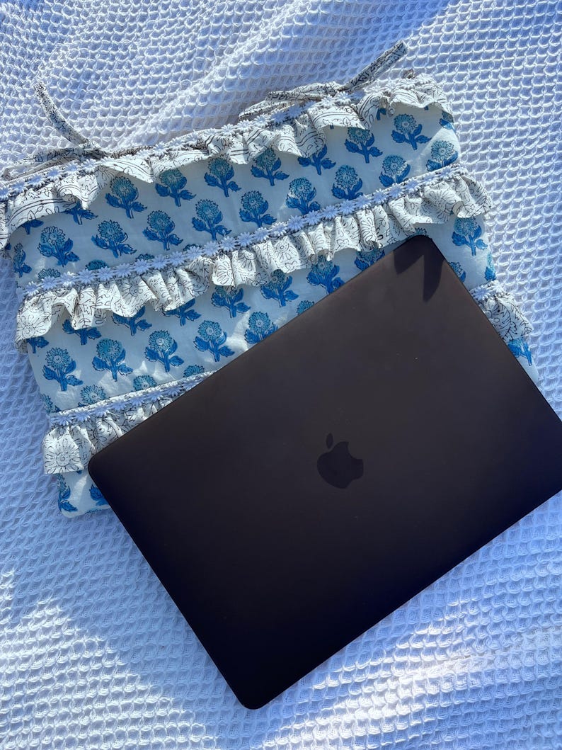 Hand Block Print Laptop Sleeve: Blue Floral Quilted Cotton Case - Etsy